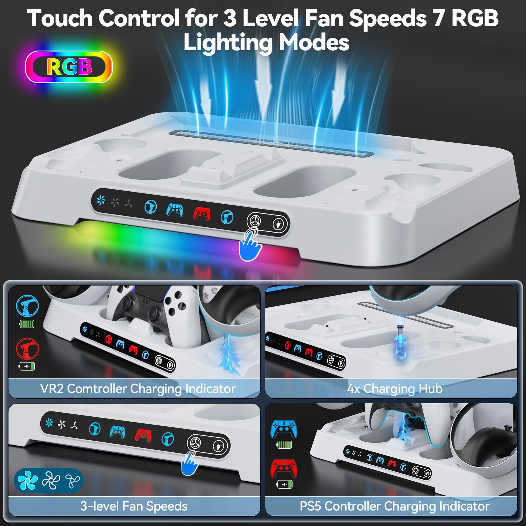 PS5/ Edge & PSVR 2 Controller Charging Station with AC Adapter and 3-Level Cooling Fan, RGB PS5 Cooling Station with PS5 & PS VR2 Controller Charger, PS5 Stand for PS5 Accessories Storage
