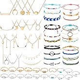 Batiyeer 60 Pcs Surfer Wave Strand Bracelet Summer Layered Choker Pendant Necklace Adjustable Multilayer Chain, Adjustable Bracelet Handmade Sunflower Rope Anklets Knuckle Rings (Bright)