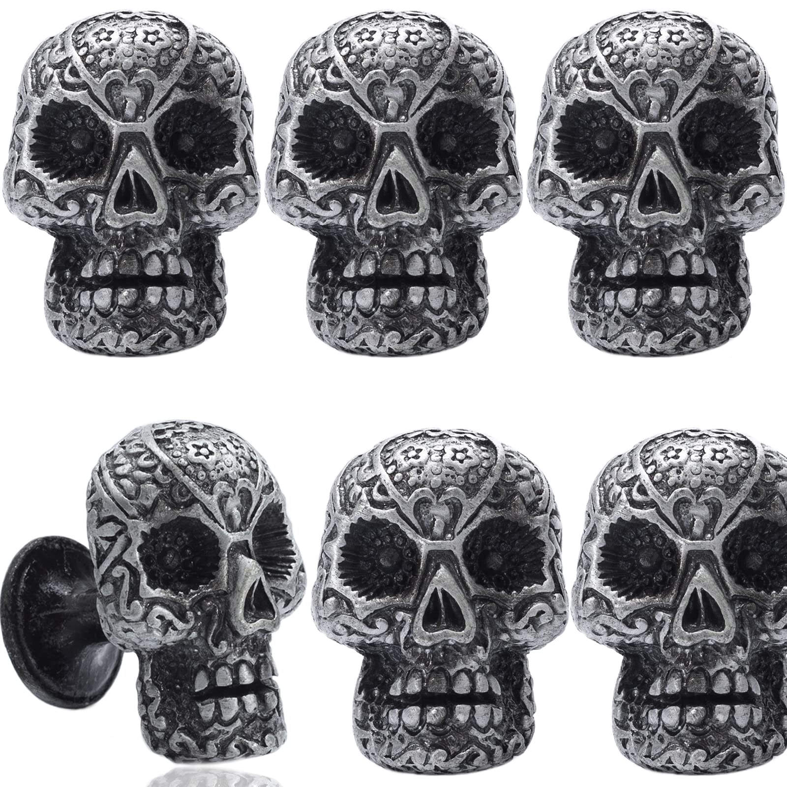 WEKBOSS Cabinet Knobs Antique Silver Skull Kitchen Drawer Pull Cupboard Door Handle(38mm), Single Hole Decorative Furniture Knob for Dresser Wardrobe Bedroom (6Pcs Zinc Alloy