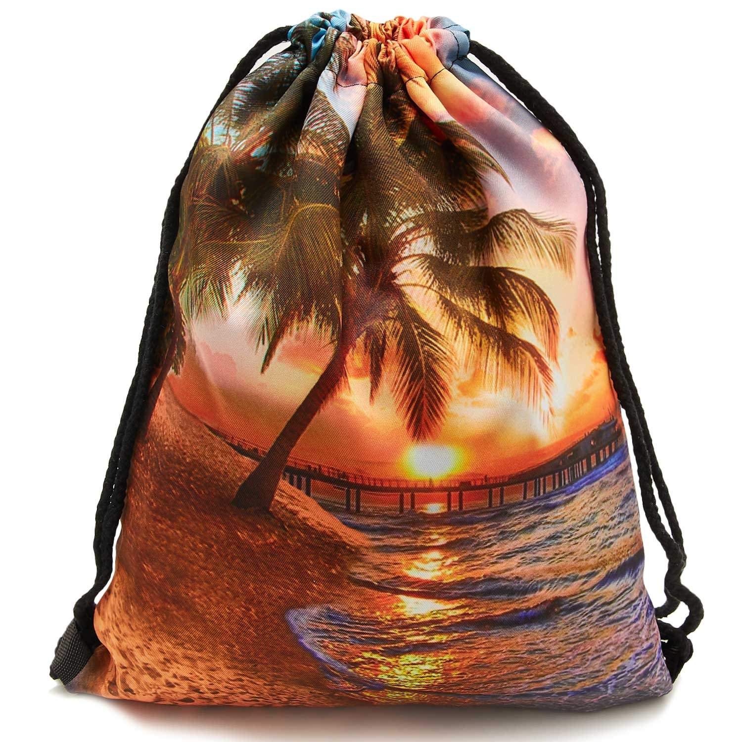 TUONROAD Travel Portable Travel Backpack Cute Cosmetic Pouch Storage 3D Pattern Summer Vacation Beach Theme Sunset Palm Tree the Setting Sun Cool Cinch Bags Zipper Handy Cosmetic Pouch