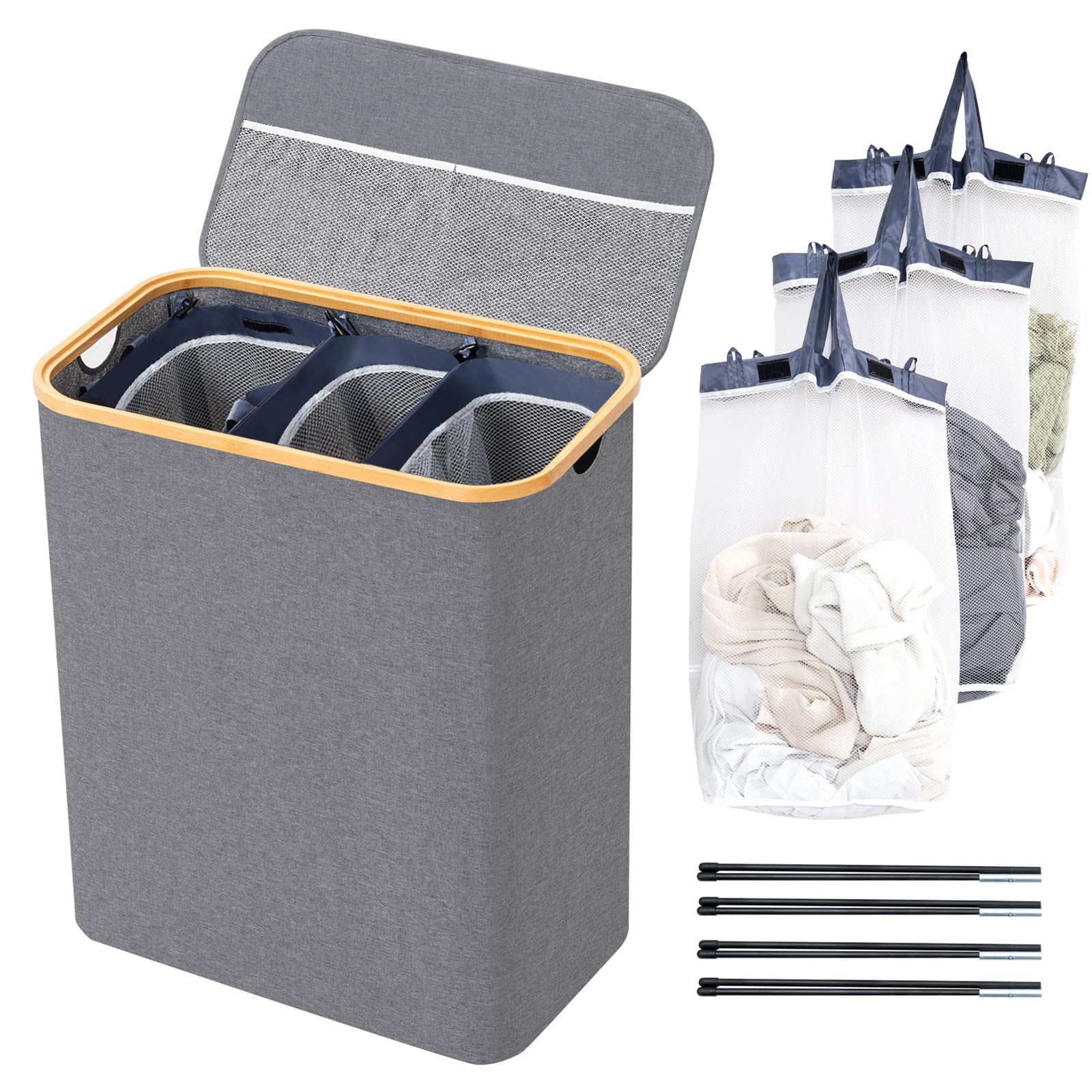 BRIAN & DANY Laundry Basket with Lid, Large Laundry Hamper 3 Compartments with Handles, Collapsible Washing Basket with 3 Removable Bags, Washing Bin for Dirty Clothes, 145L Gray