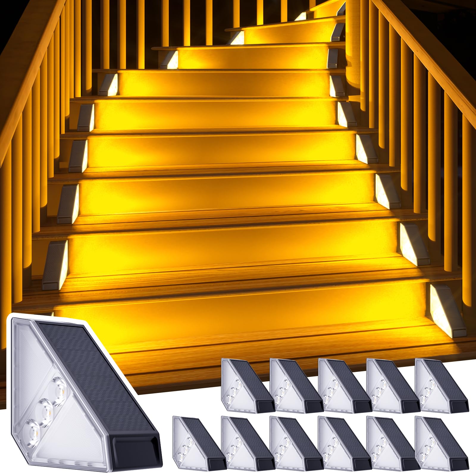 Photo 1 of ROSHWEY Solar Step Lights for Outside, 12 Pack Solar Stair Lights Outdoor Waterproof, Triangle Deck Step Lights Solar Powered, Outdoor Decor Lighting for Front Porch, Backyard, Patio, Warm White
