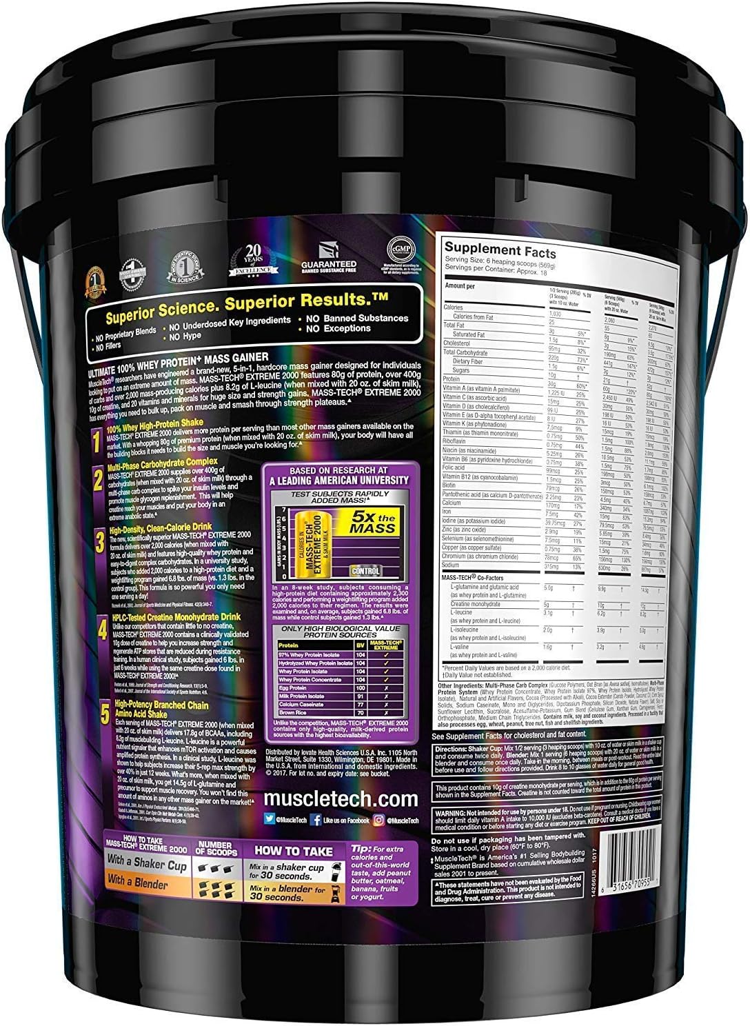 MuscleTech Mass-Tech Extreme 2000 Whey Protein Powder | Max-Protein Mass Gainer + Creatine Monohydrate for Muscle Size & Strength | 80g Protein, 10g Creatine, 17.8g BCAAs | Triple Chocolate, 22 Pounds: Health & Personal Care