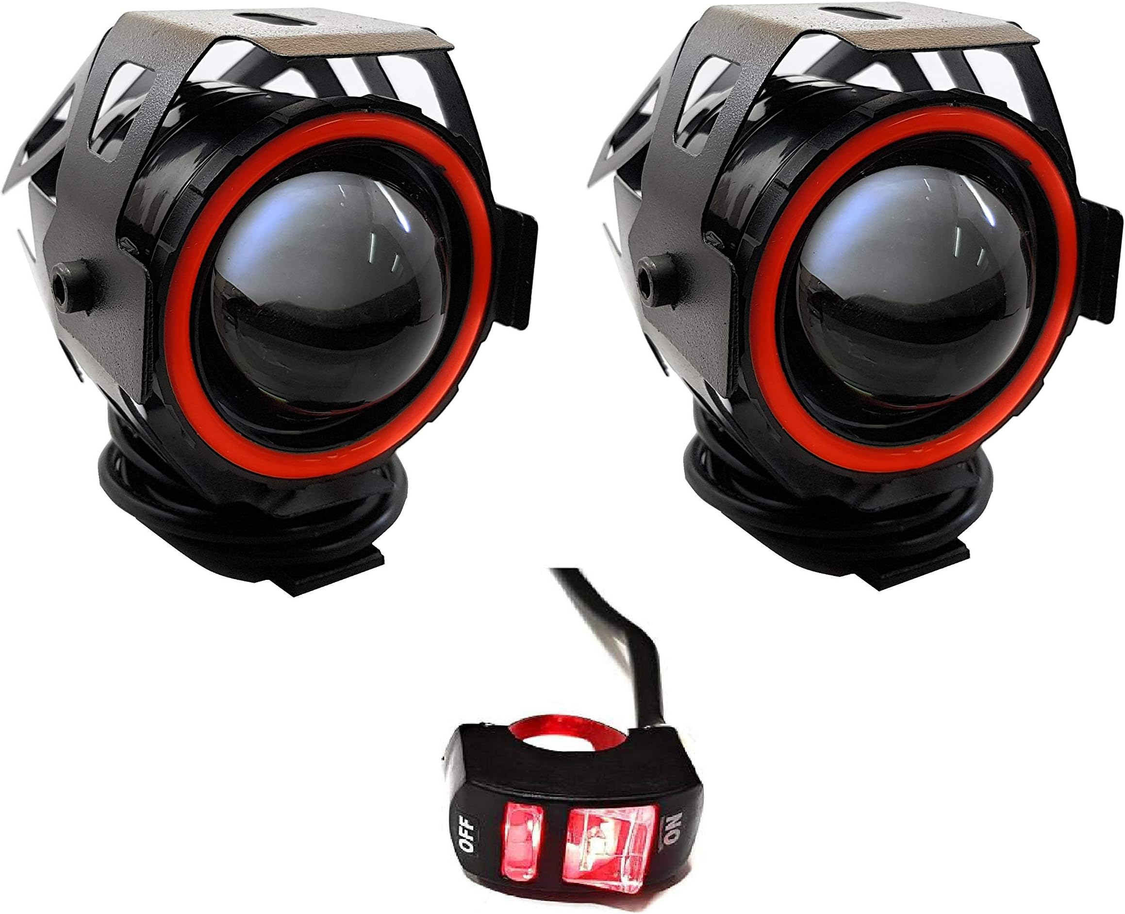 AUTOPOWERZ U7 Fog Light Work Lamp With Hi/Low, Beam Flashing, Red Devil Eye, Red DRL Ring With Switch For Cars & Motorcycle (12V-80V) (2 Pcs Fog Light 1 Switch)