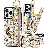 Petitian for iPhone 15 Pro Max Case with Wallet - Women Girls Cute Girly Aesthetic Unique Design with Leather Credit Card Holder Cardholder Stand Wristband for Apple 15 Promax, Vin Flower
