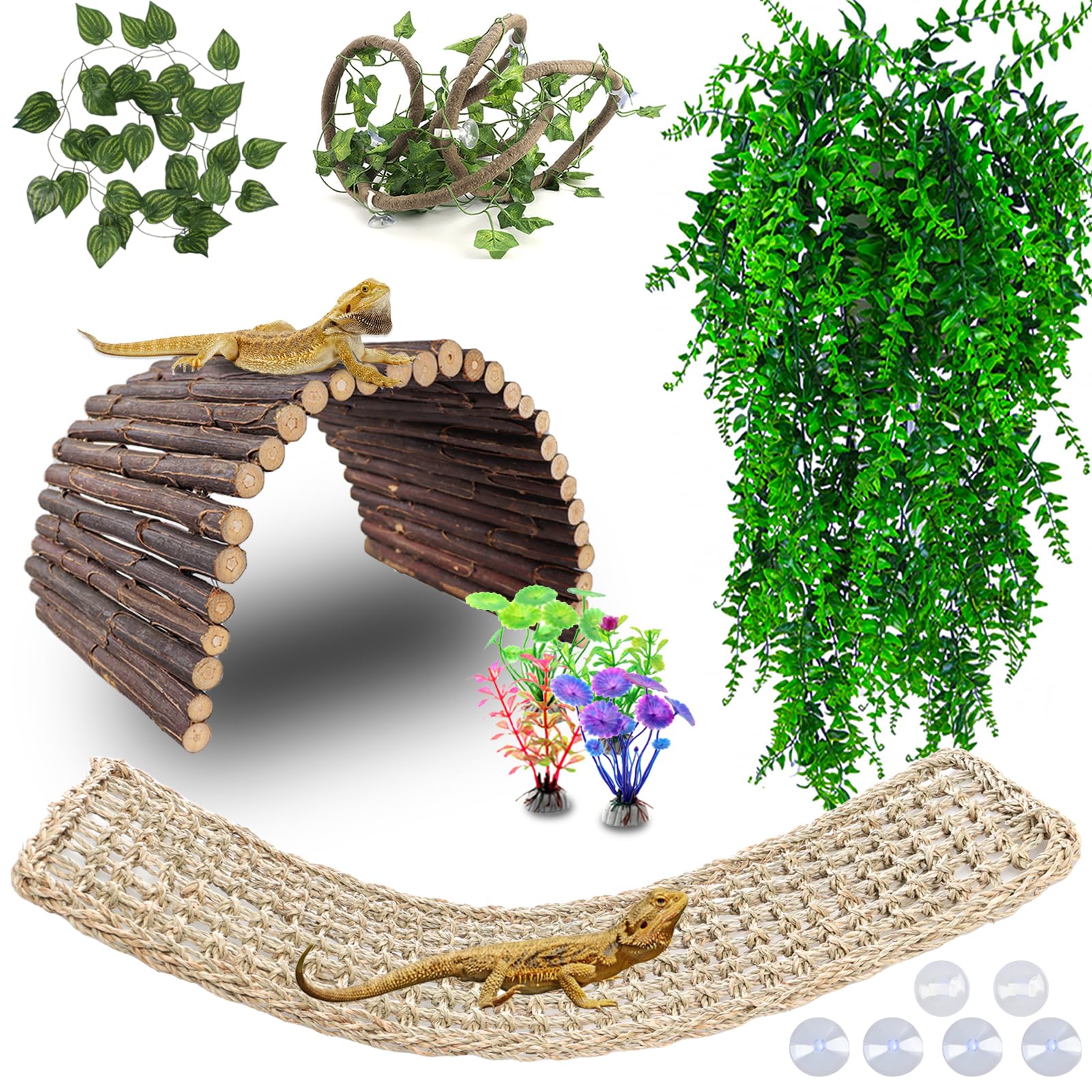 Photo 1 of Grddaef Bearded Dragon Tank Accessories, Reptile Hideout Bridge Climbing Plants & Jungle Vines and Leaves Terrarium Decoration for Lizard Frog Snake Gecko Crab Chameleon