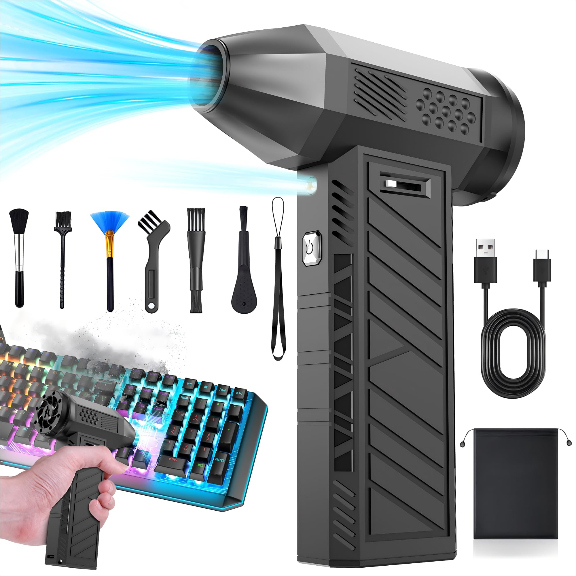 Cosyall Compressed Air Duster PC Cleaner, 180000RPM Electric Air Duster for Cleaning Keyboard&PC, Compressed Air Cleaner for PC with Illumination, Air Blower Cleaner for Laptop, Car and Home