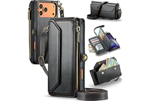 Strapurs Wallet Case Compatible with iPhone 17 Pro Max 6.9" RFID Blocking 10-Card Holder Soft PU Leather Magnetic Snap Shoulder Strap Zipper Pocket Phone Case Fit for iPhone 17 Pro Max - Black