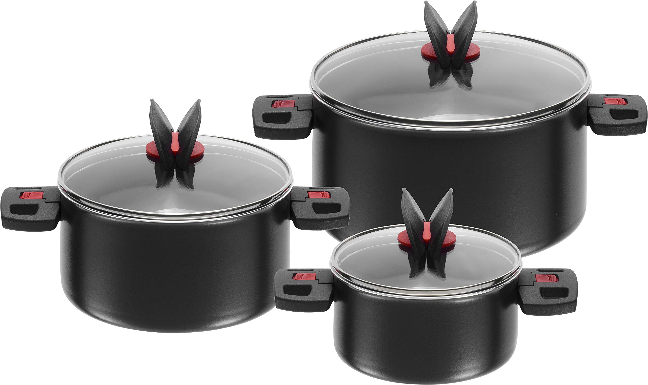 BALLARINI Pot Set, 3-Piece, incl. 3 glass lids, non-stick coating, aluminum / plastic handles, Click & Cook, Black