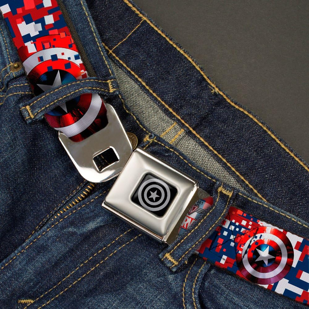 Buckle-Down Seatbelt Belt - Captain America Shield Digital Camo Blue/White/Red - 1.0" Wide - 20-36 Inches in Length: Clothing