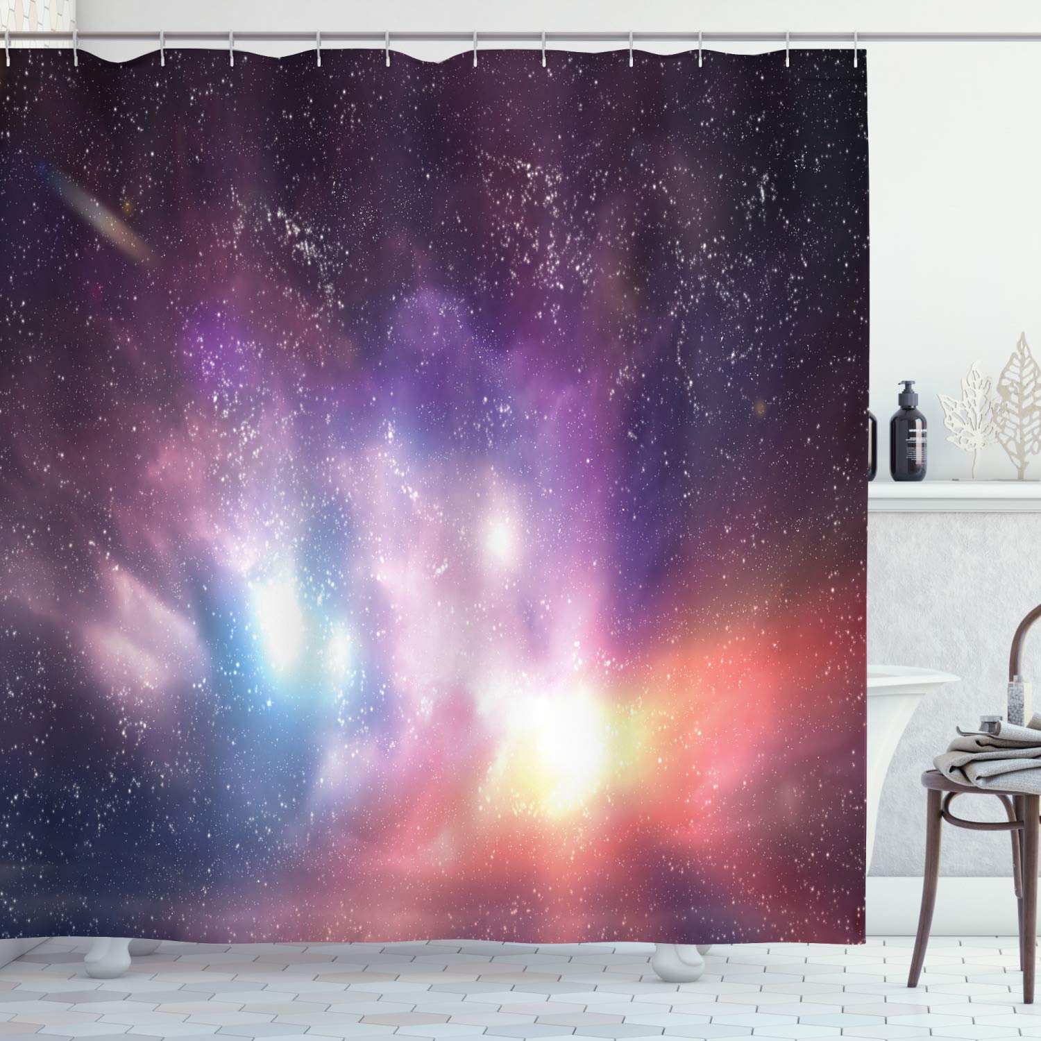 ABAKUHAUS Galaxy Shower Curtain, Outer Space Stars Sky Dreamy Cosmos Universe Nebula Constellation Image, Cloth Fabric Bathroom Decor Set with Hooks, 86 Inches Extra Long, Purple Coral Pale Blue
