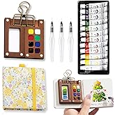 MUZMDNI Mini Portable Watercolor Palette Set-Grid Paint Box with Binder Clips Include 12 Colors Paint - Brush*3 and Picture Album Art Materials Coloring Markers for Travel, Creative Drawing Kit for Beginners and Art Enthusiasts(Yellow Wood-S)