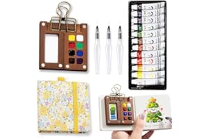 MUZMDNI Mini Portable Watercolor Palette Set-Grid Paint Box with Binder Clips Include 12 Colors Paint - Brush*3 and Picture Album Art Materials Coloring Markers (Yellow Wood-S)