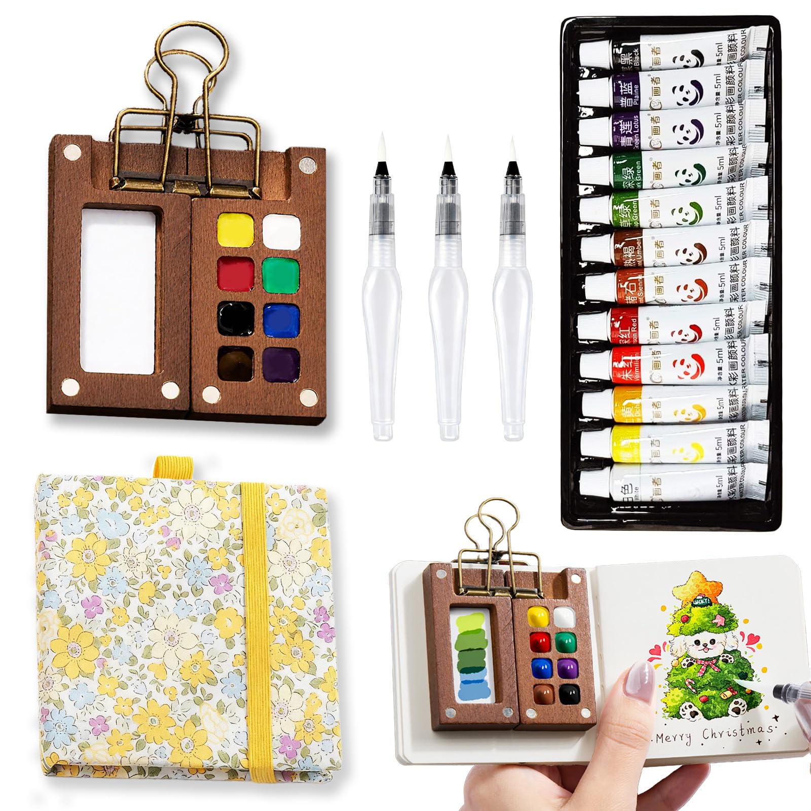 Photo 1 of MUZMDNI Mini Portable Watercolor Palette Set-Grid Paint Box with Binder Clips Include 12 Colors Paint - Brush*3 and Picture Album Art Materials Coloring Markers (Yellow Wood-S)
