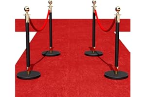 DANRELAX Stainless Steel Stanchion Post, 4 PCS 5FT Red Velvet Rope, Black Stanchion Post with Ball Top, Hollow Base, Red Carpet Ropes and Poles, Crowd Control Barriers for Party