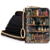 Blusabaca RFID Credit Card Holder Small Women Travel Wallet, Bookshelf Cat | Removable Keychain, Case with Zipper, Vegan PU Leather, Cash Coin Pocket, Business Accordion Purse, Ladies Female Gift