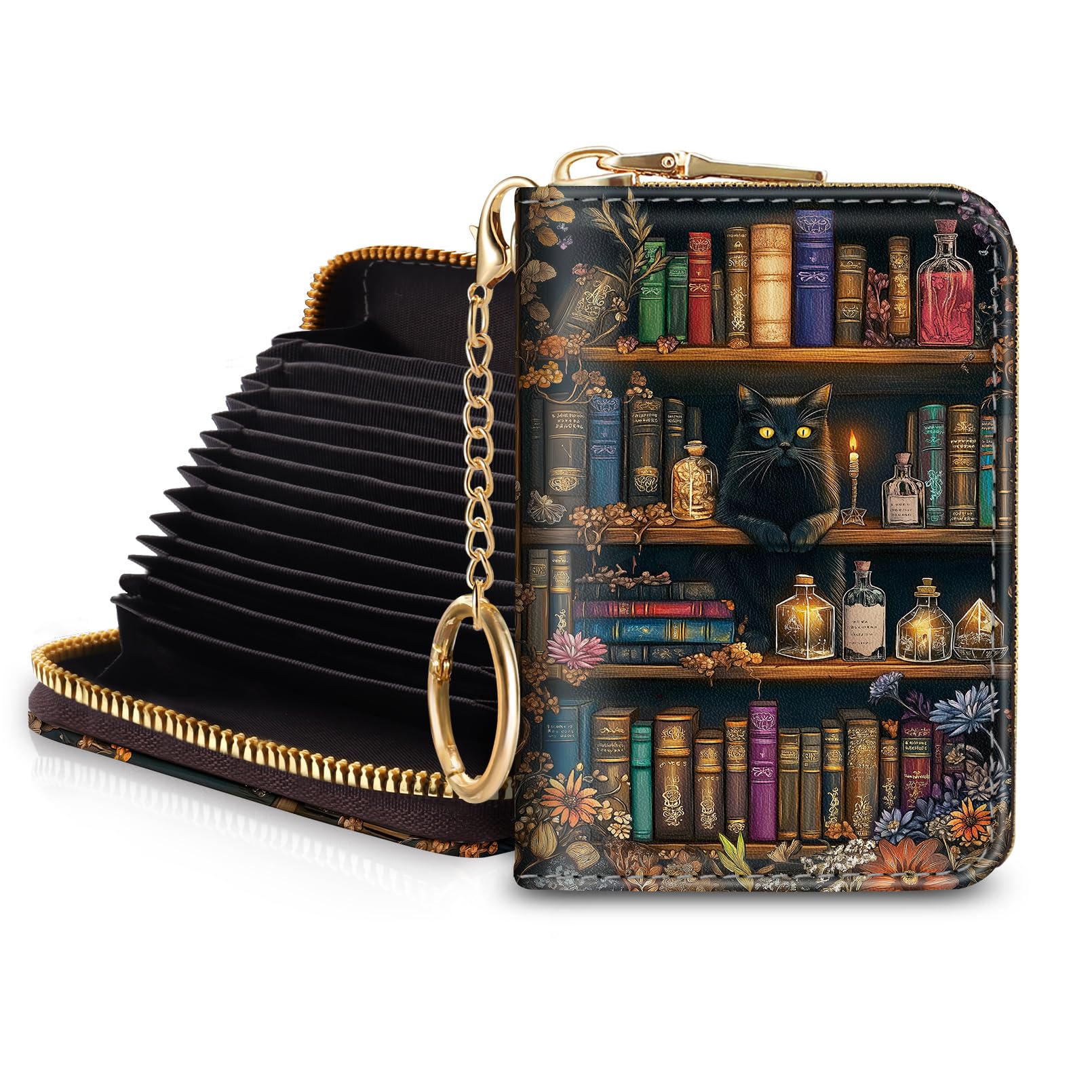 Photo 1 of Blusabaca Bookshelf and Cat Credit Card Holder for Women, Small RFID Wallet with Zipper, Card Keychain Wallet, Leather Wallet Card Case, Business Blocking Accordion Wallet Gift
