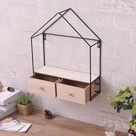 Rack Triangle House Double Drawer Wall Mounted Wrought Iron Wooden