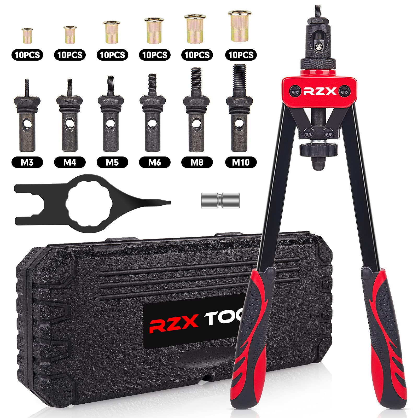 14" Rivet Tool Professional Rivet Tool Kit with M3 M4 M5 M6 M8 M10 Metric 6 Mandrels and 60 Nuts, Effort Limit Design, with Heavy Duty Carrying Case