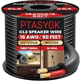 PTASYGK 16 Gauge Outdoor Speaker Wire 50ft CL3 Direct Burial CCA Cable | CL2 Rated, 2 Conductor Stranded Core, UV and Weather Resistant, No Conduit Needed Underground, Garden Patio Pool Audio