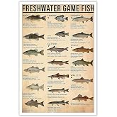 Vintage Fishing Poster Freshwater Game Fish Canvas Wall Art Retro Rustic Outside Fishing Knowledge Picture Prints Painting For Living Room Bedroom Apartment Wall Decor 16x24in Unframed