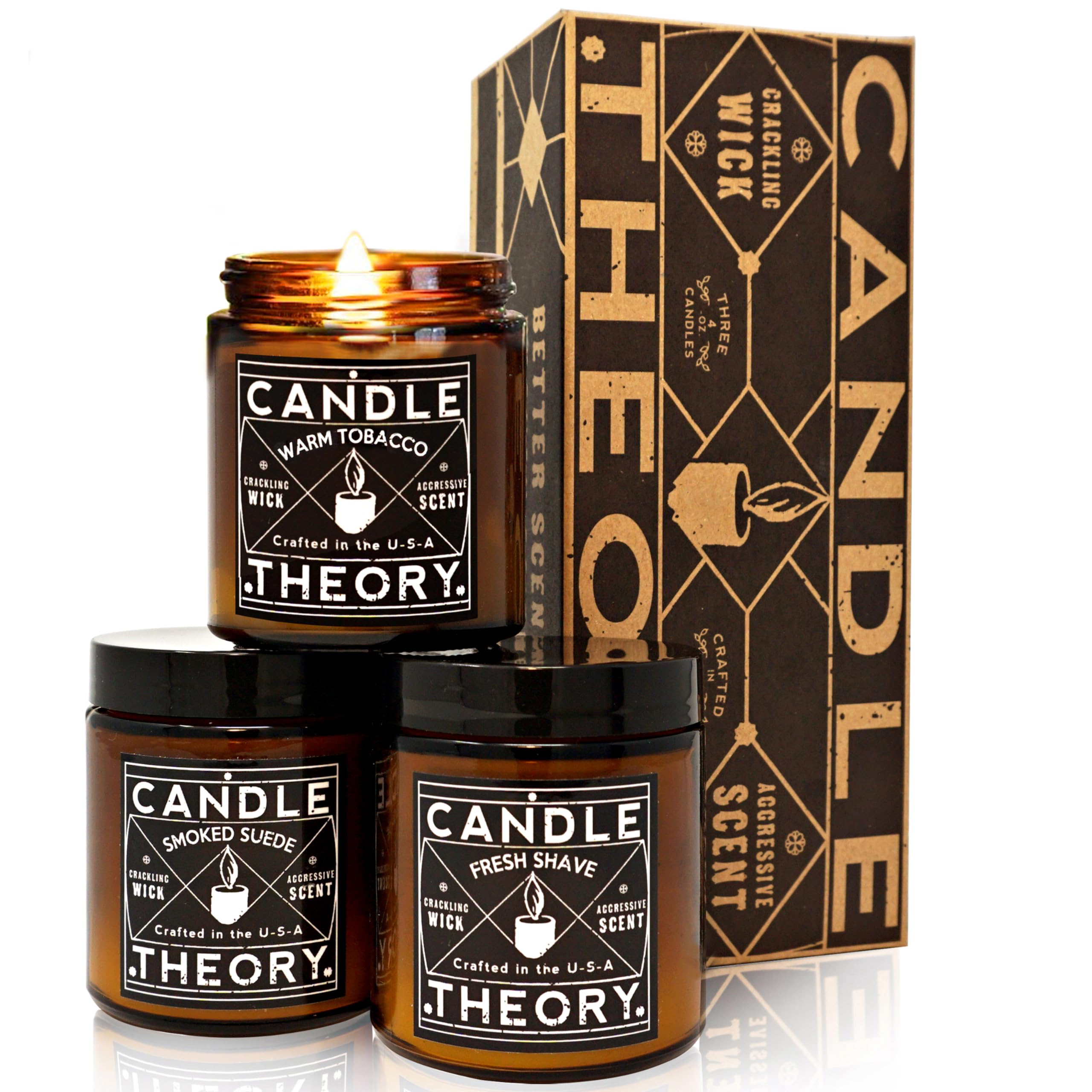 Photo 1 of Candle Theory Man Cave Stuff Men 4oz Candles Set of 3, Crackling Woodwick Masculine Scent, Warm Tobacco Cigar, Smoked Suede, Fresh Shave