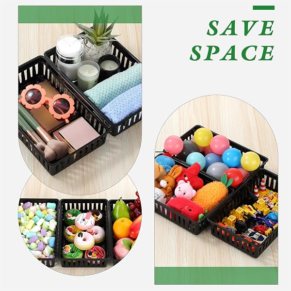 WENQIK 24 PCS PLASTIC STORAGE BASKETS FOR CLASSROOM ORGANIZING SMALL PANTRY STORAGE BINS RECTANGULAR TRAY FOR BACK TO SCHOOL HOUSEHOLD TOYS CLASSROOM BEDROOMS, KITCHENS COUNTERTOPS(BLACK)
