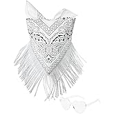 JIANGLAI Fringe Rhinestone Bandana with Heart Sunglasses, Disco Cowgirl Boy Paisley Pattern Face Mask Square Scarf Headwear
