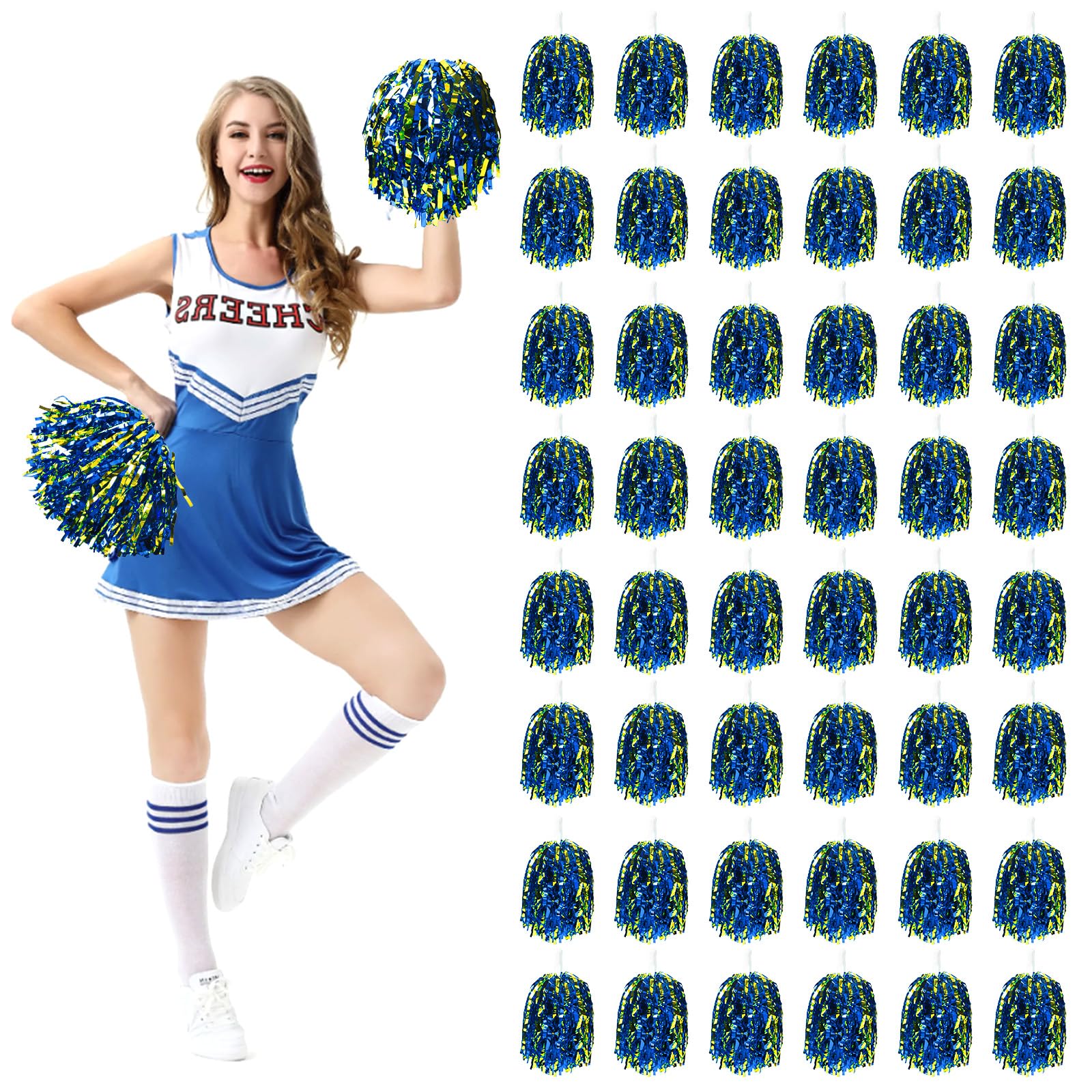 Photo 1 of REHALY 48Pcs Pom Poms Cheerleading Cheerleader Pom Poms Spirited Cheer Pom Poms Bulk Metallic Foil Squad Team for Kids Adults Cheerleader Gifts Team Spirit Sports Dance Game Party,30g(Blue+Gold)