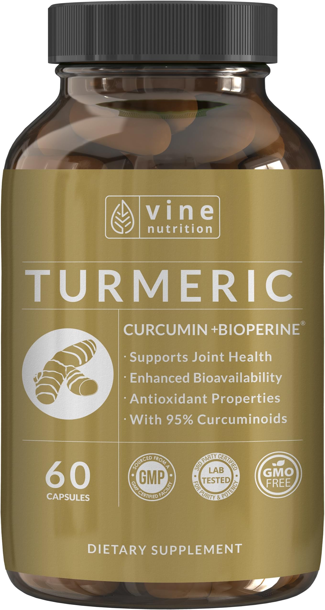 Turmeric Curcumin Joint Supplement with BioPerine - 95% Curcuminoids Pain Relief for Joints- Anti-Inflammatory and Natural Antioxidant -750mg Per Capsule, 60 Non-GMO Vegetable Capsules