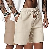 Neer 2 Pack Men's Linen Casual Shorts Elastic Waist Drawstring with Pockets Baggy Short Stretch Summer Athletic Beach Pants