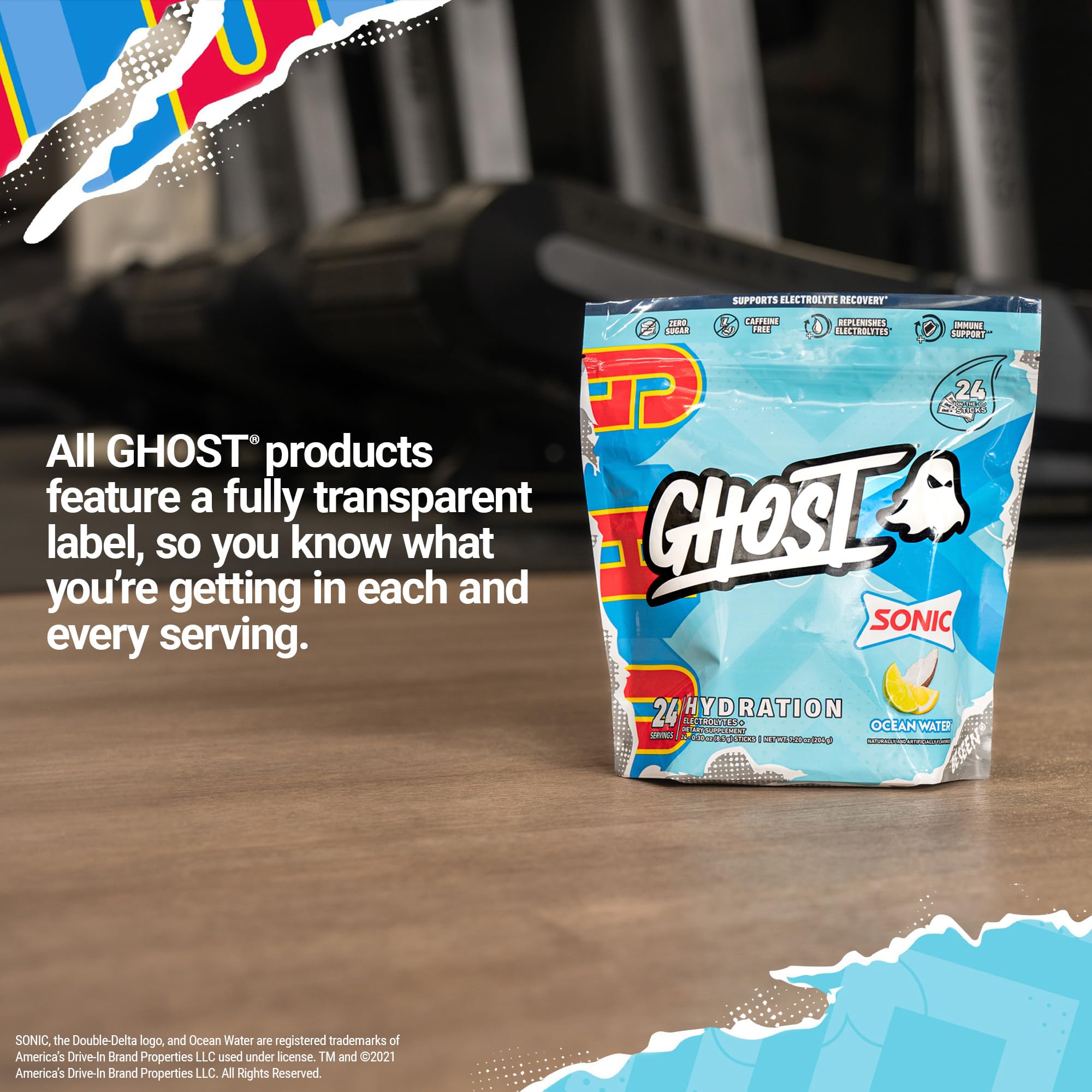 GHOST Hydration Packets, Sonic Ocean Water, 24 Sticks, Electrolyte Powder - Drink Mix Supplement with Magnesium, Potassium, Calcium, Vitamin C - Vegan, Free of Soy, Sugar & Gluten