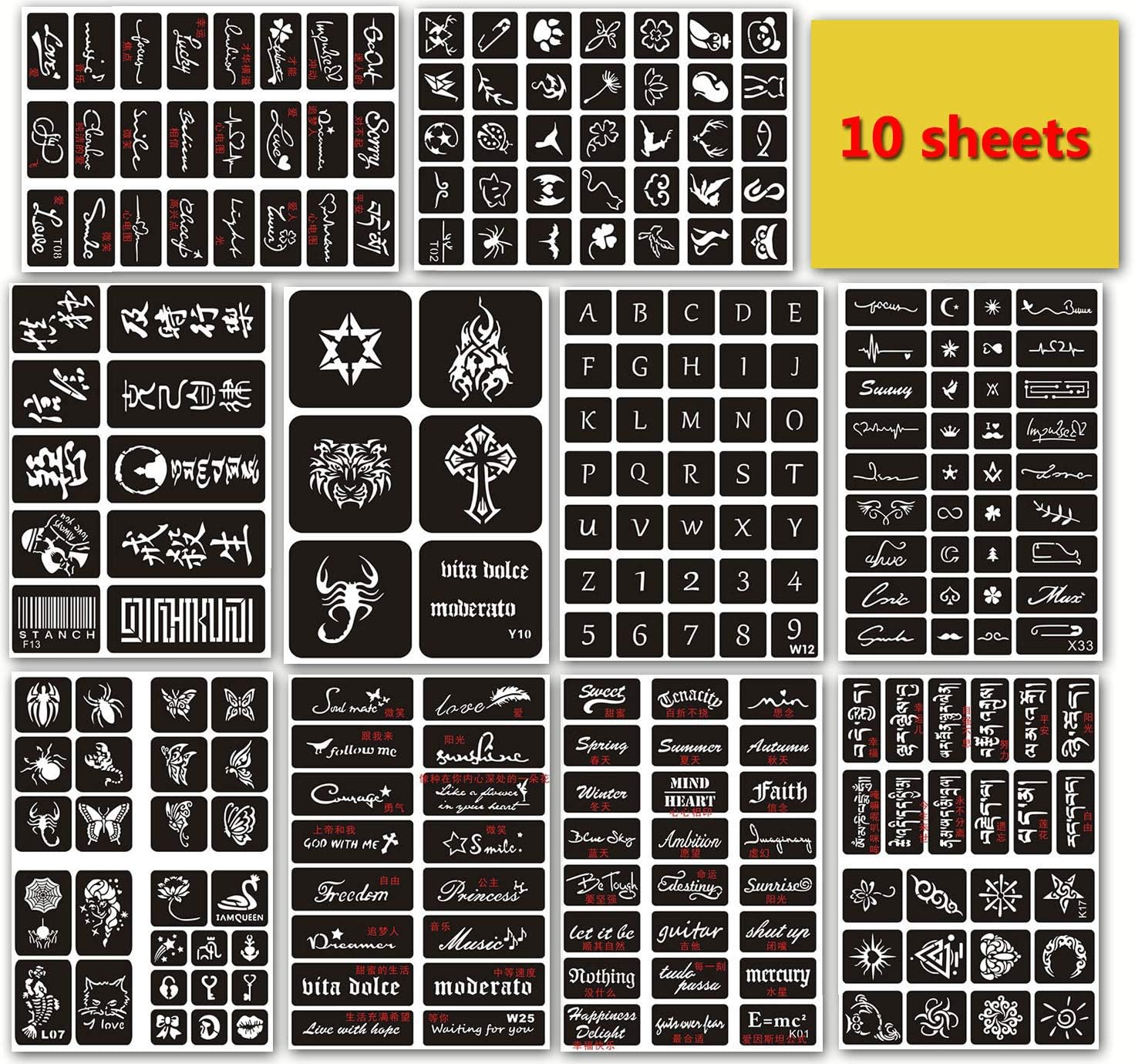 DevilFace 238pcs Temporary Tattoos Stencils - 10 Sheets Reusable Henna Stencils Body Art Stencil Pack Glitter Tattoo Stencils Kit (Collection B)