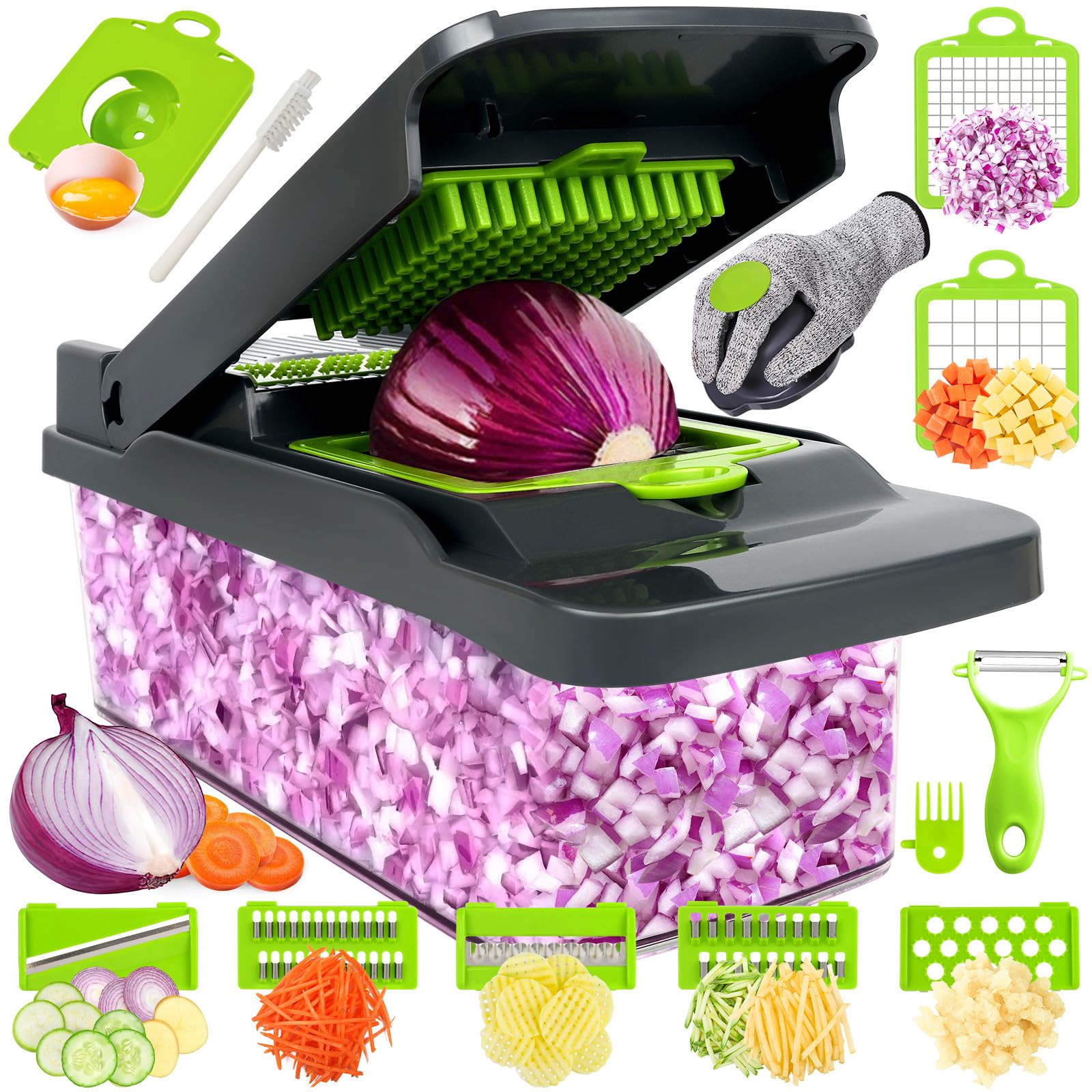 Swetfela 18 in 1 Vegetable Chopper, Salad Chopper, Mandoline Vegetable Slicer Multifunctional, Veg Chopper with 7 Blades, Mitten and Peeler, Vegetable Cutter for Vegetables and Fruit