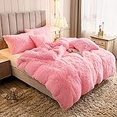 Uhamho Luxury Fluffy 1PC Solid Duvet Cover Faux Fur Plush Shaggy Quilt Cover Velvet Bedspread Zipper Closure, No Pillow Sham, No Comforter (Pink, Twin)