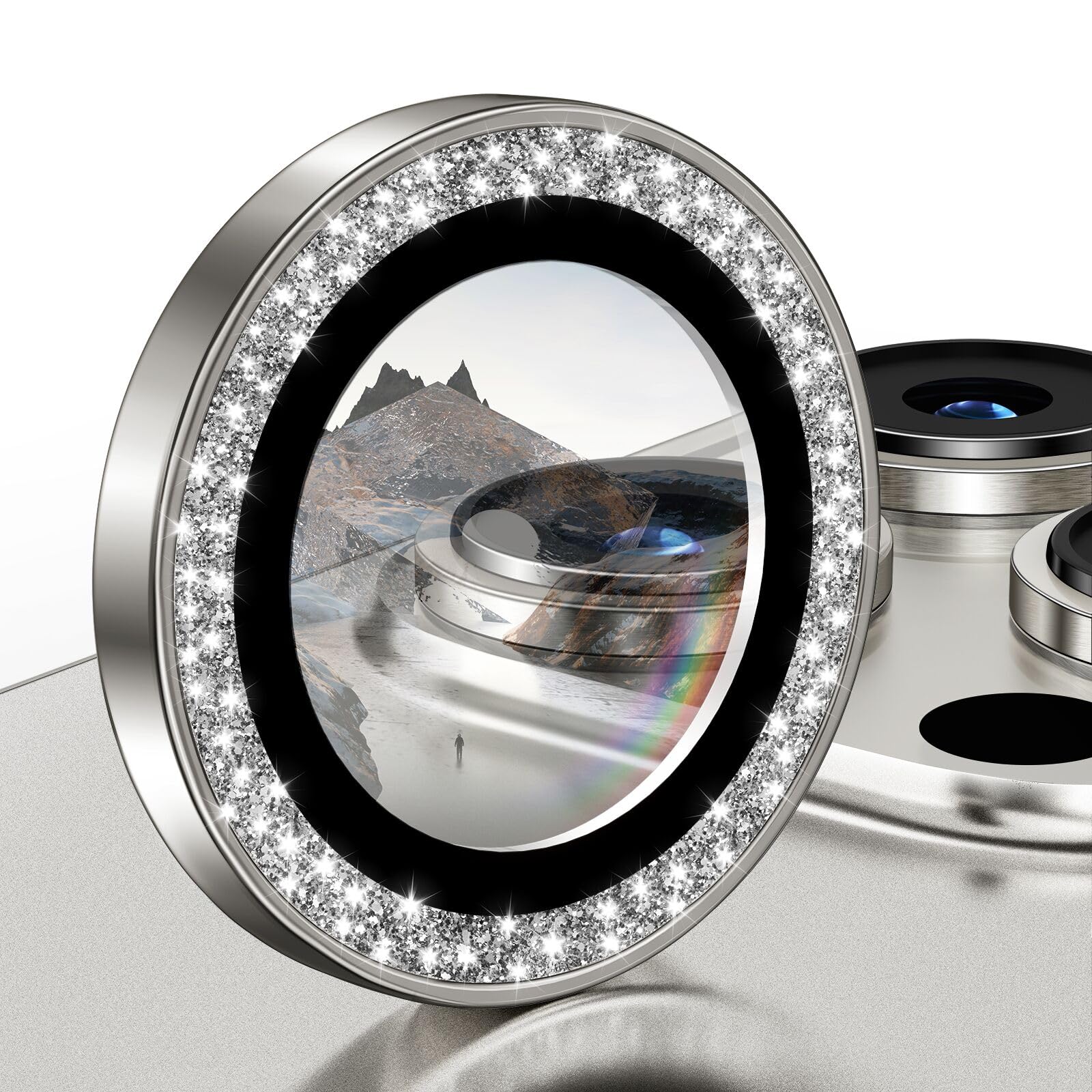 Matekxy Glitter Camera Lens Protector for iPhone 15 Pro Max/15Pro/14 ProMax/14 Pro, 2 Set Tempered Glass with Aluminum Edging, Cute Girly Metal Individual Bling Ring Cover for Women, White Titanium