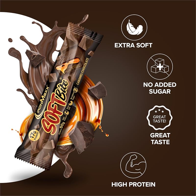 Barra de Proteína SoftBite Chocolate Caramel, 12 × 50 g – Textura extra suave, rica em proteína e fibra, sem açúcares adicionados, ideal para consumir com o uso