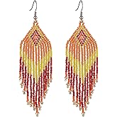 Handmade Long Bohemian Statement Native Seed Beaded Big Exaggerate Fringe Drop Dangle Tassel Penadnt Earrings Friendship Festival Jewelry for Women