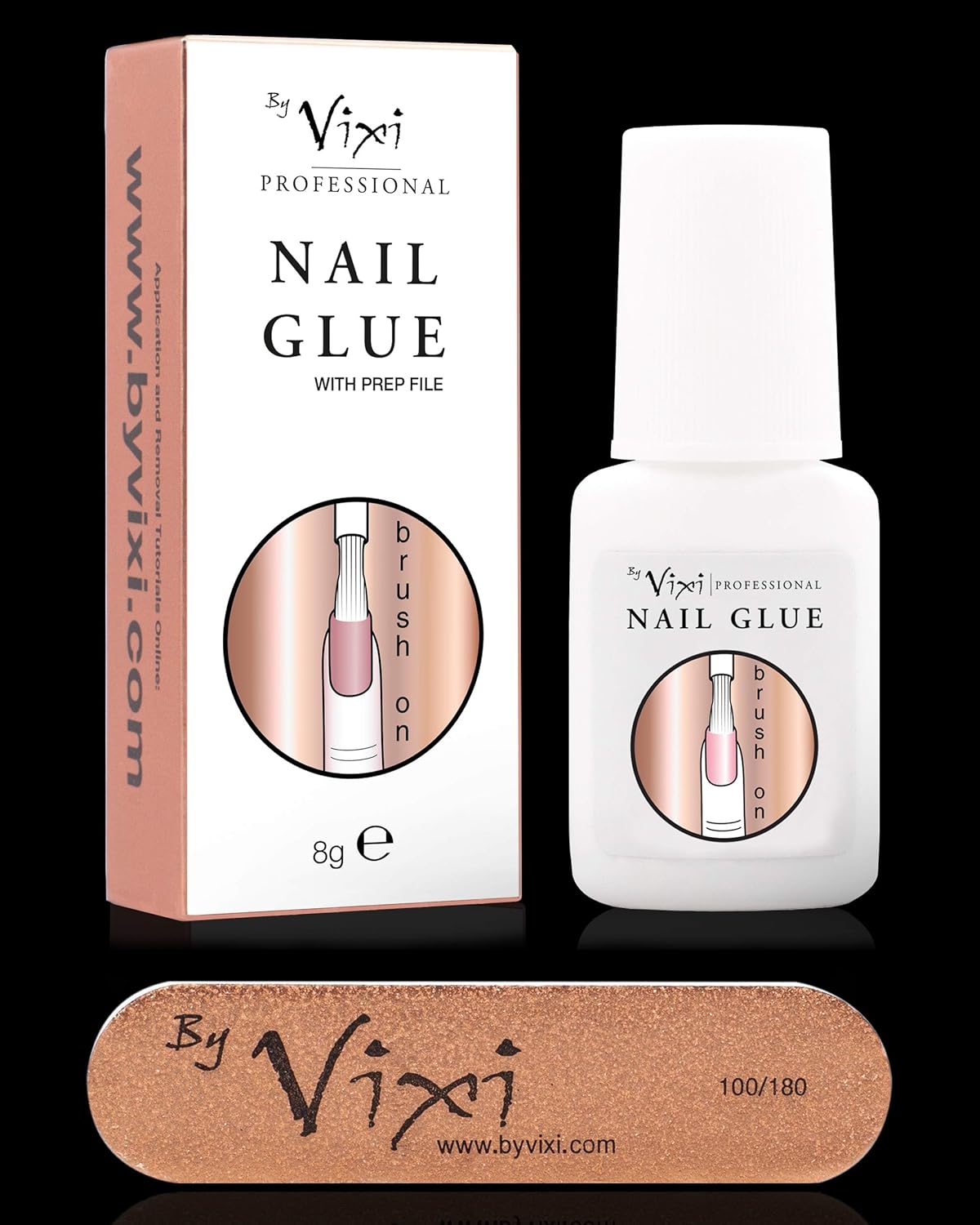 By Vixi 8g EXTRA STRONG NAIL GLUE with BRUSH and FREE PREP FILE Clear Instant Dry Adhesive, Professional Salon Quality (1 x 8g Nail Glue)