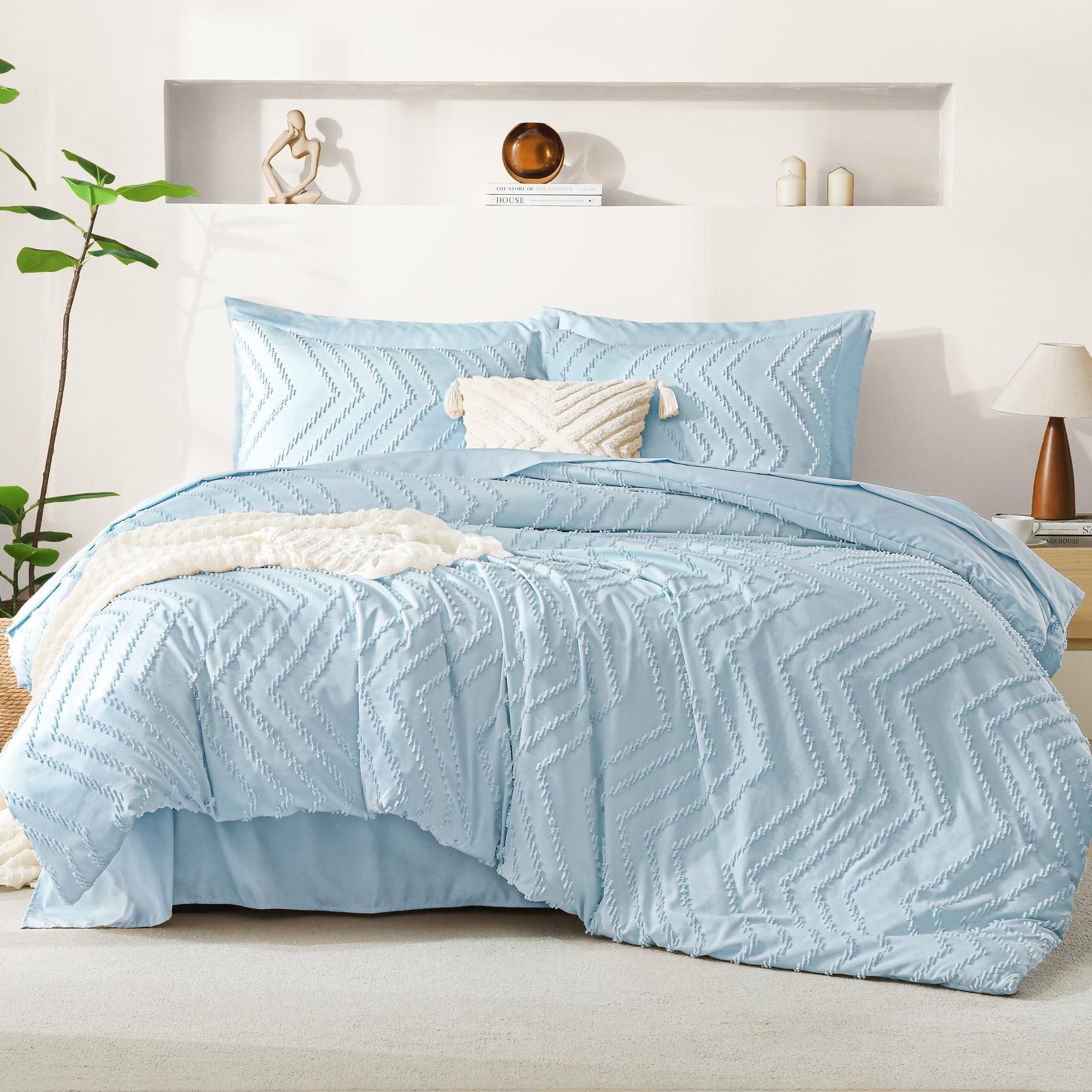 Photo 1 of Litanika Light Blue Full Size Comforter Set with Sheets - 7 Pieces Bed in a Bag Full Boho Tufted Complete Bedding Sets with Comforter, Sheets, Pillowcases & Shams