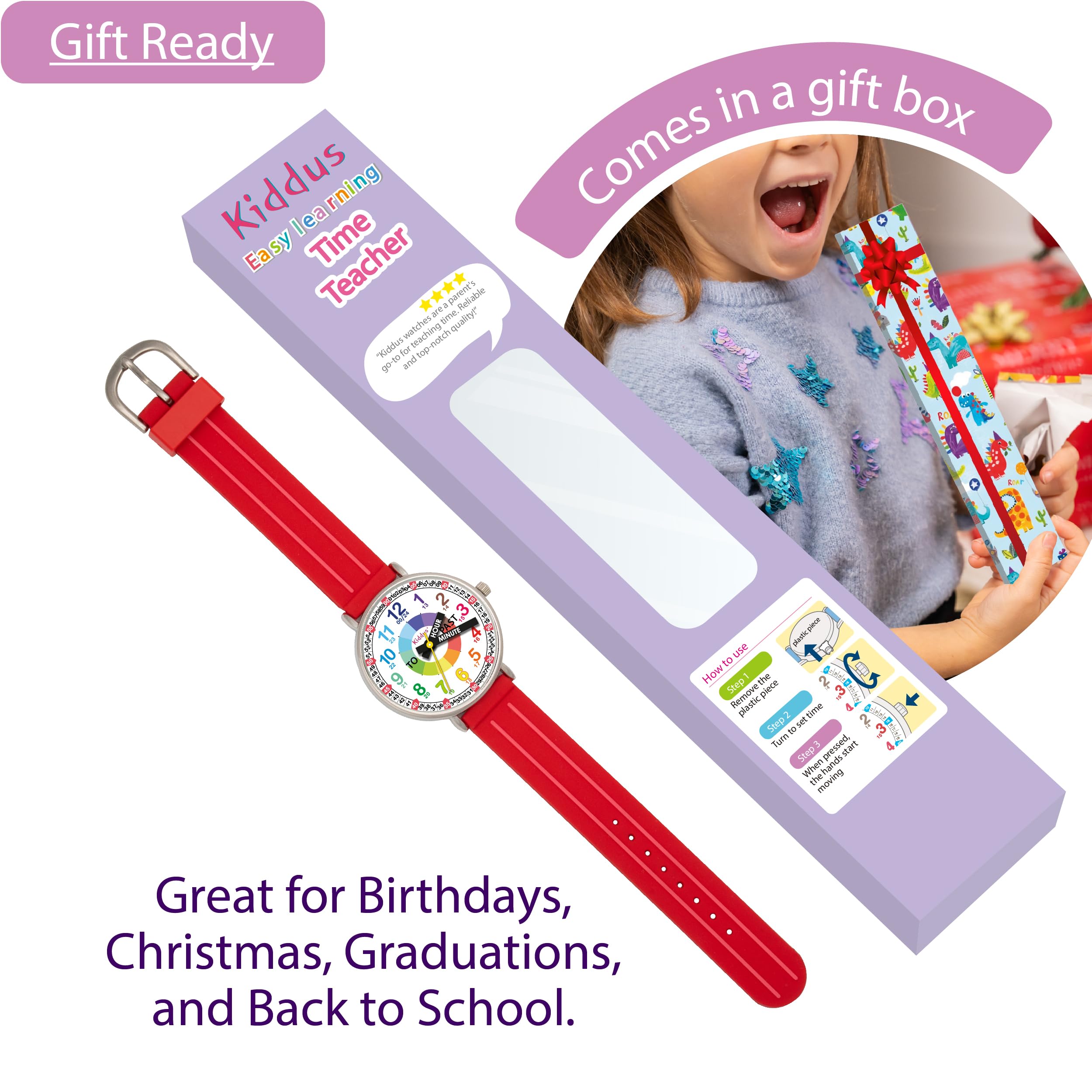 Kiddus Watches Boy and Girl Kids Ages 6-12 Analog Time Teacher with Exercises. Japanese Quartz Movement. Easy to Read and Learn Time. Girls Watches Ages 5-10