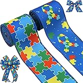 YKW 2 Rolls Autism Awareness Ribbon, 2.5 Inch Puzzle Piece Burlap Ribbon for Crafts, Wreath Making & Decorations, Autism Support Charity Events, 5 Yards Each Roll with Wired Edge, Infinity Design
