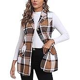 MoFiz Womens Long Flannel Plaid Vest Fall Winter Button Down Sleeveless Blazer Jackets Cardigan Coat Outerwear With Pockets