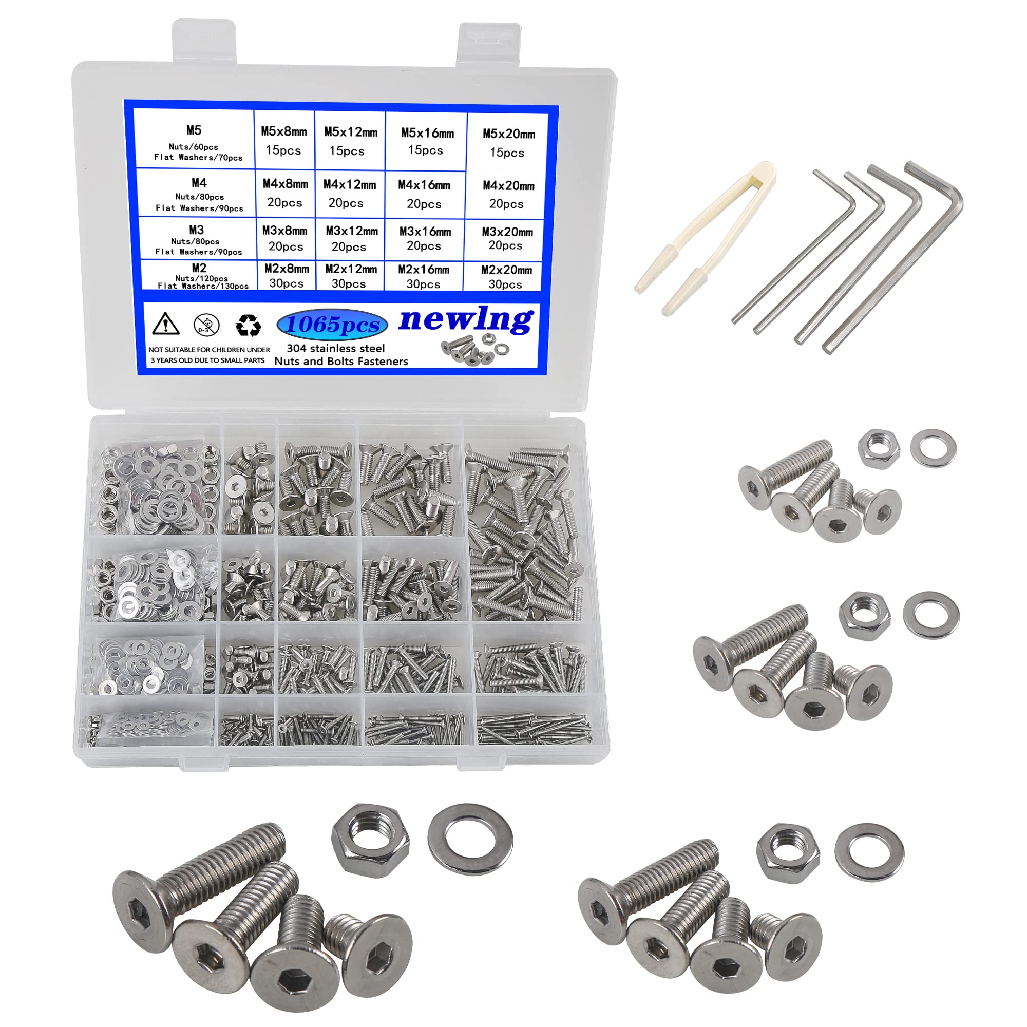 newlng 1065pcs M2 M3 M4 M5 Screws Set Hex Flat Button Sink bolt 304 Stainless Steel Screws with NutWashers Set and Wrench DIY Fixing With Storage Box — image 1