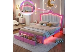 Linique Full Size Upholstered Bed Frame with LED Lights, Modern Upholstered Princess Bed with Crown Headboard, 2 Drawers, Pink+White