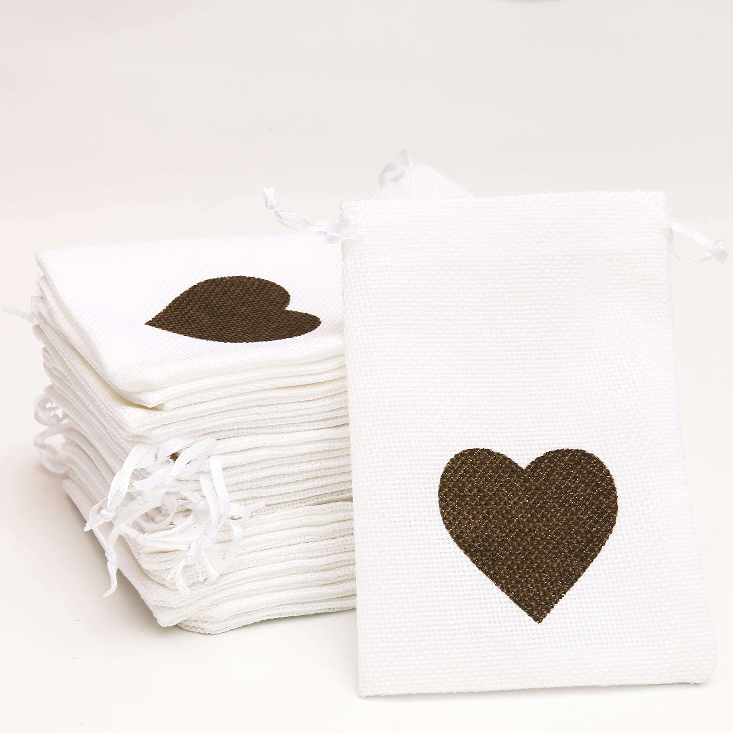 DAHI Pack of 25 Jute Bags with Drawstring and Heart Pattern, Candy Gift Bag, Jute Christening Bag, 9 x 14 cm