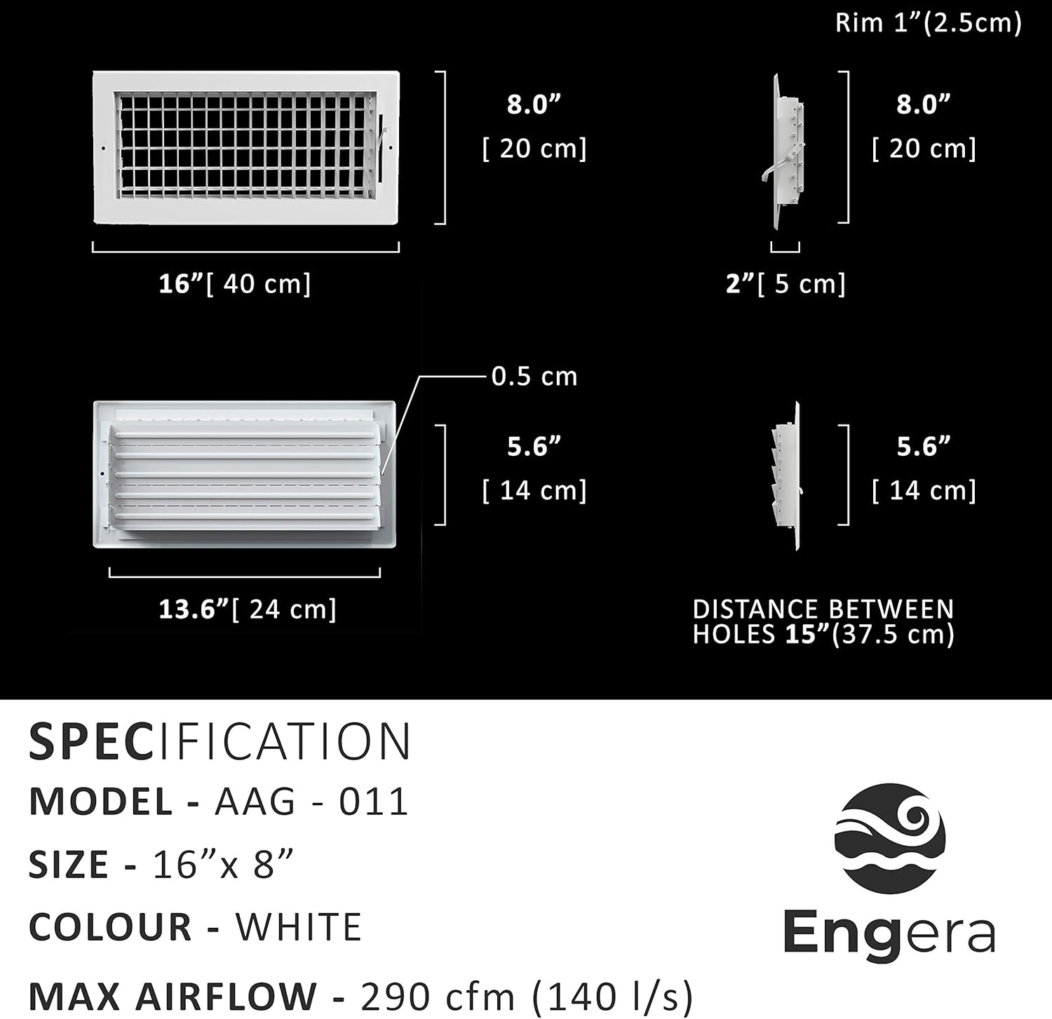 Engera Adjustable Double Deflection HVAC Air Register-Supply Air Diffuser Air Vent Register-Heating/AC Vent Cover-Wall Register 14x6"Duct [16x8"Face] - - 