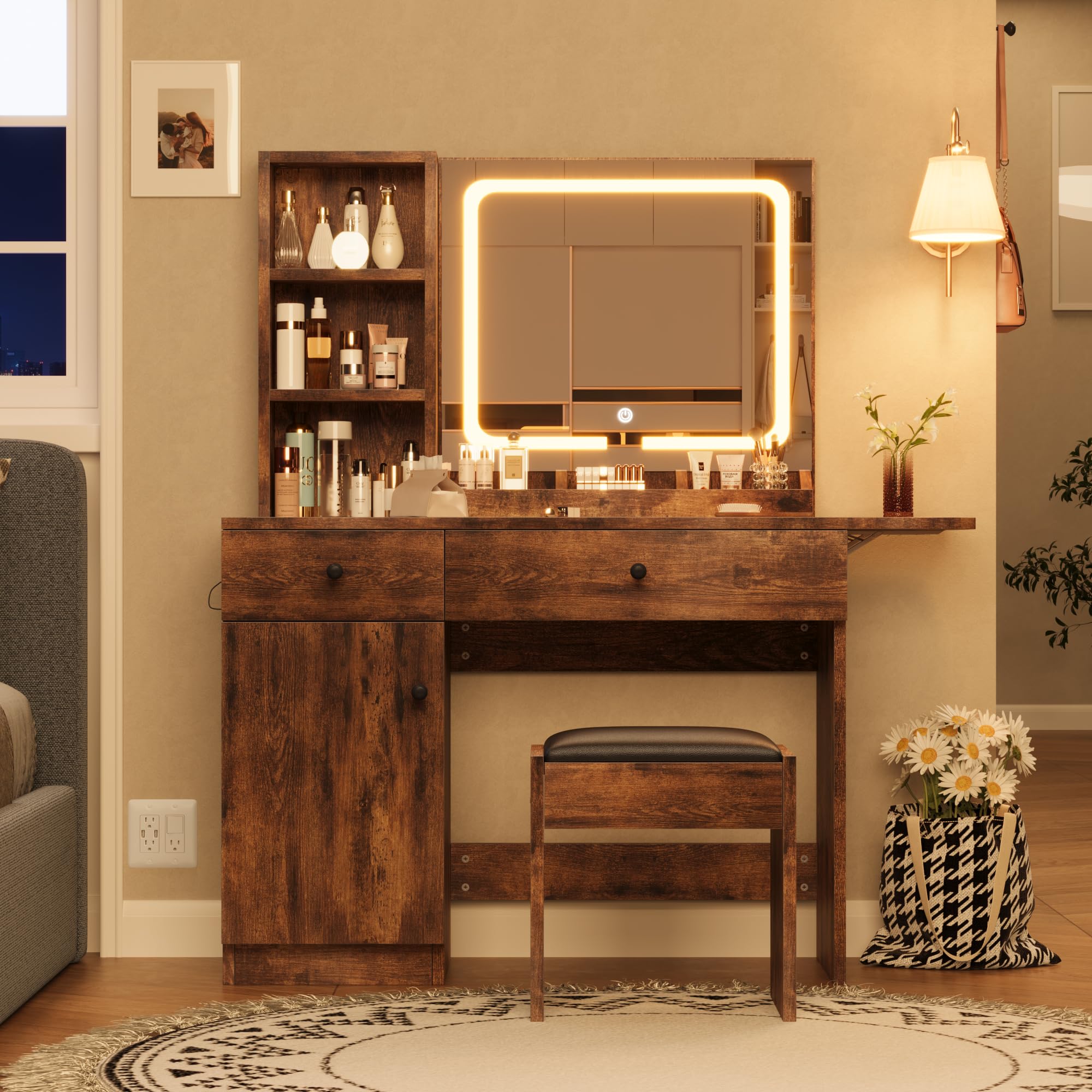 Photo 1 of ** MIRROR ONLY**  GarveeHome Makeup Vanity Desk with Mirror and Lights, Vanity Table Set with Drawer & Power Outlet ? Storage Chair & 3 Shelves, Bedroom, Brown