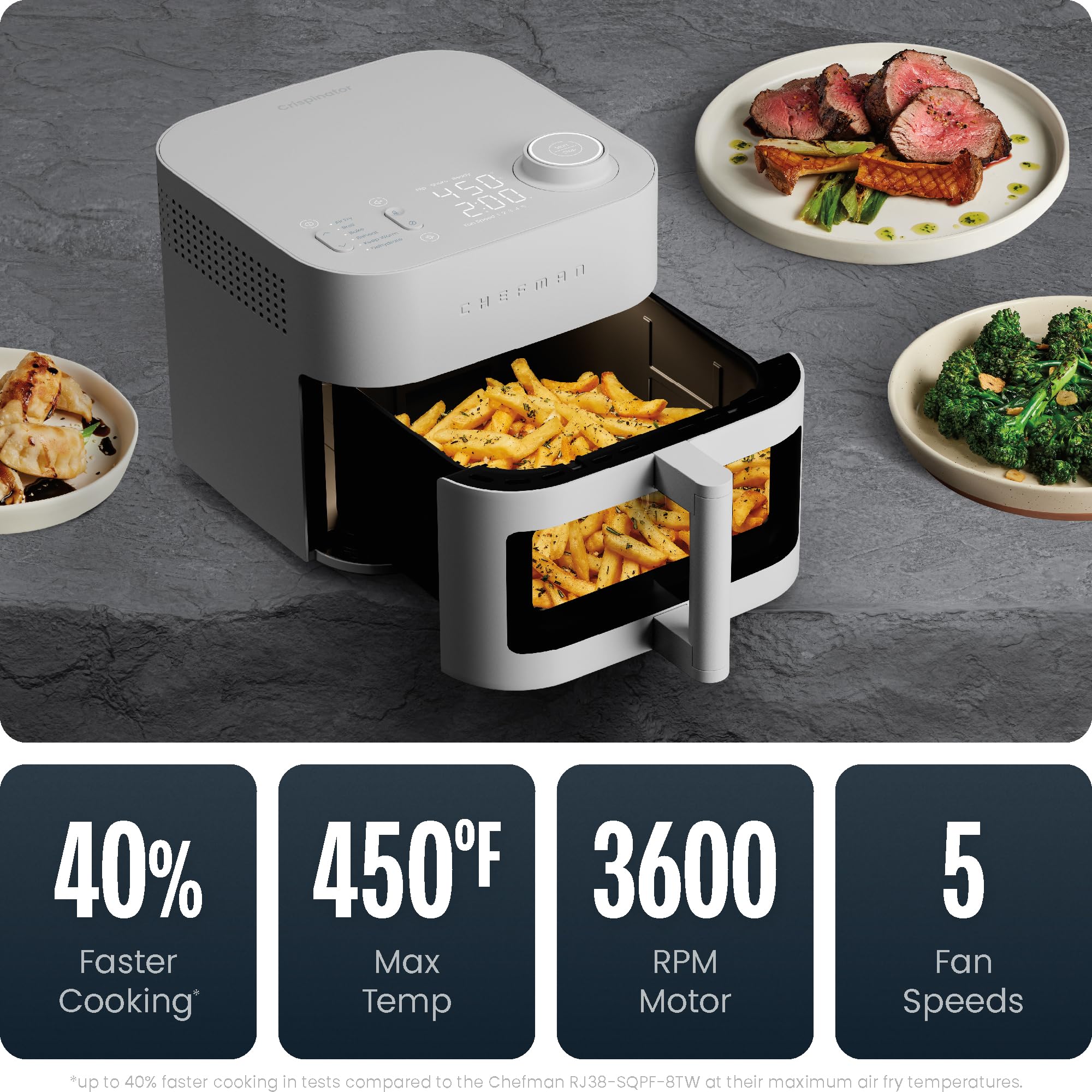 Freidora de aire Chefman Crispinator 6 en 1 con capacidad de 8 cuartos, temperatura máxima de 450 °F con tecnología TurboFry Pro para resultados rápidos y uniformes, ventana de visualización, canasta de cerámica antiadherente, paquete inicial de 10 piezas