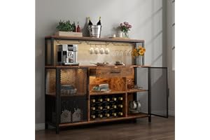 Gyfimoie Wine Bar Cabinet with Drawer and LED Lights, 55 Inches Industry Coffee Bar Cabinet with Wine Rack and Glass Goblet Holder, Kitchen Sideboard Buffet Cabinet for Liquor and Goblet